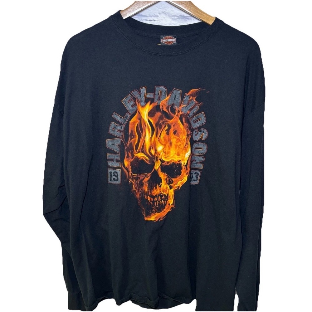 Harley-Davidson Flaming Skull Long Sleeve Shirt Edmond OK USA Flag Men’s 2XL